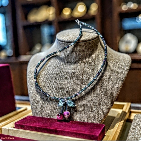 Hand Crafted Necklace with Cherry Pendant And Ruby Zoisite Beads - Picture 3 of 3